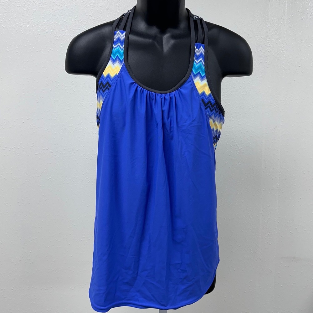 Tank Top Swim Top‎ Shelf Bra Blue Chevron Athletic Activewear L